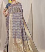 Grey & violet green banarasi silk blend saree with zari woven geometric pattern