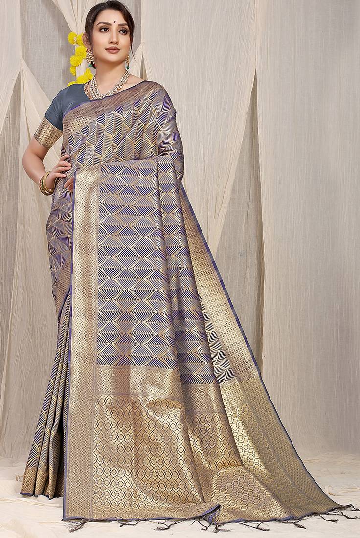 Grey & violet green banarasi silk blend saree with zari woven geometric pattern