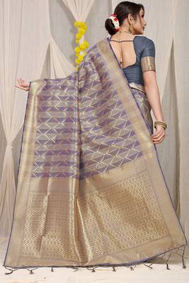 Grey & violet green banarasi silk blend saree with zari woven geometric pattern 2