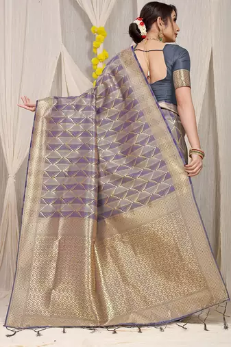 Grey & violet green banarasi silk blend saree with zari woven geometric pattern