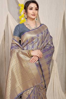 Grey & violet green banarasi silk blend saree with zari woven geometric pattern 3