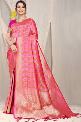 Rani pink & coral orange banarasi silk blend saree with zari woven geometric pattern and gold zari 1