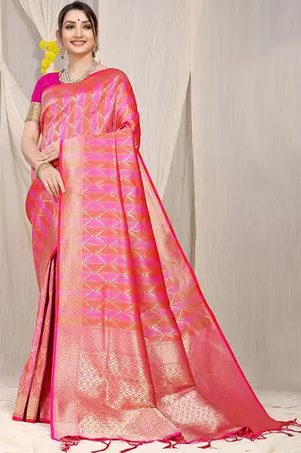Rani pink & coral orange banarasi silk blend saree with zari woven geometric pattern and gold zari