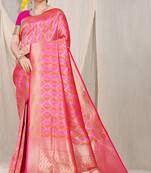 Rani pink & coral orange banarasi silk blend saree with zari woven geometric pattern and gold zari