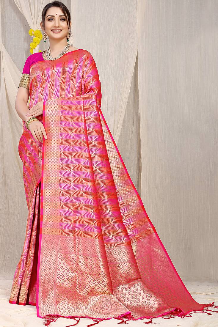 Rani pink & coral orange banarasi silk blend saree with zari woven geometric pattern and gold zari