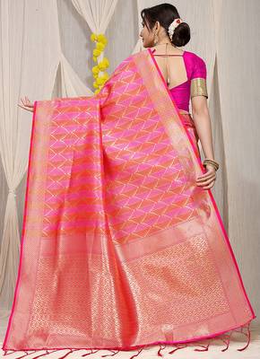 Rani pink & coral orange banarasi silk blend saree with zari woven geometric pattern and gold zari 2