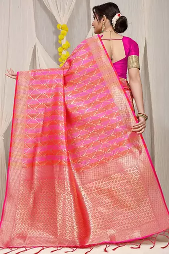 Rani pink & coral orange banarasi silk blend saree with zari woven geometric pattern and gold zari