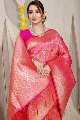 Rani pink & coral orange banarasi silk blend saree with zari woven geometric pattern and gold zari 3