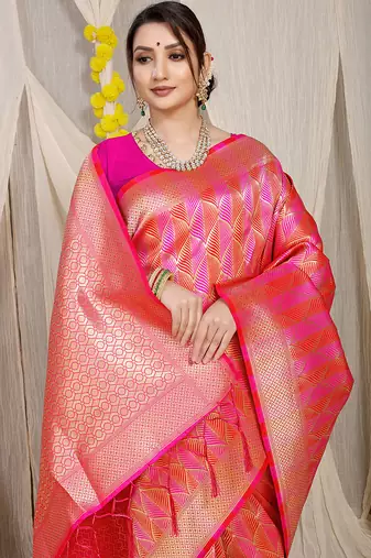 Rani pink & coral orange banarasi silk blend saree with zari woven geometric pattern and gold zari
