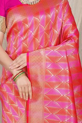 Rani pink & coral orange banarasi silk blend saree with zari woven geometric pattern and gold zari 4