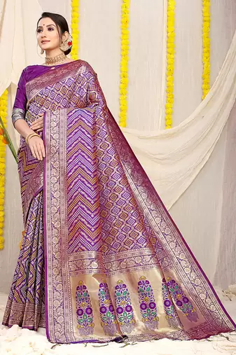 Purple banarasi silk blend saree with bandhani patola print and zari border