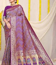 Purple banarasi silk blend saree with bandhani patola print and zari border