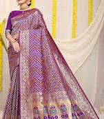 Purple banarasi silk blend saree with bandhani patola print and zari border