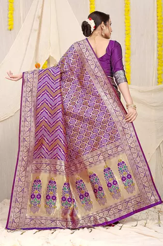 Purple banarasi silk blend saree with bandhani patola print and zari border
