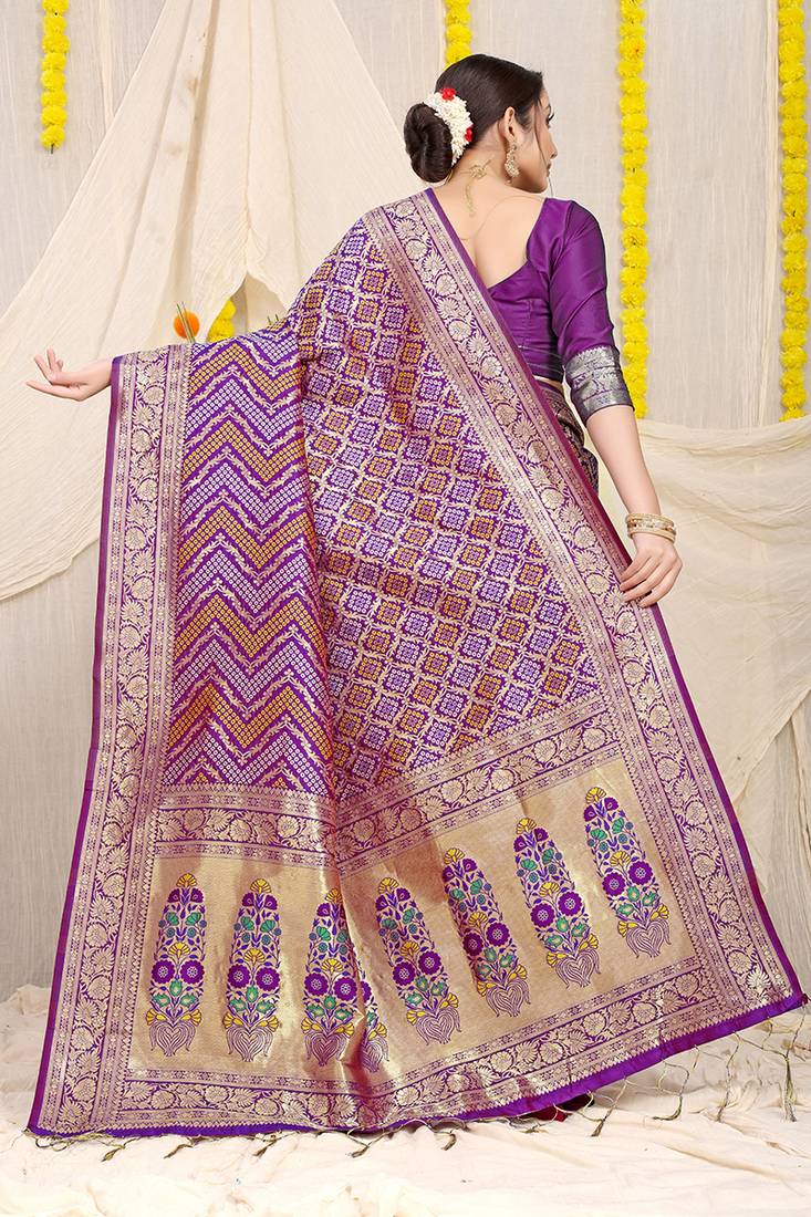 Purple banarasi silk blend saree with bandhani patola print and zari border