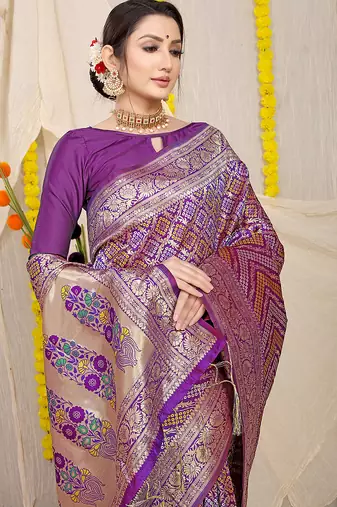 Purple banarasi silk blend saree with bandhani patola print and zari border