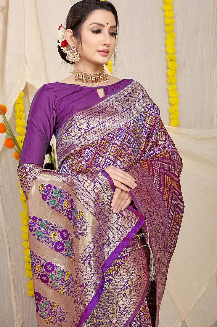 Purple banarasi silk blend saree with bandhani patola print and zari border