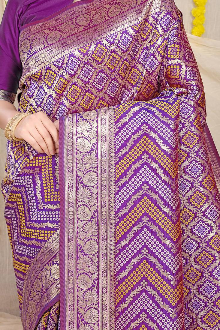 Purple banarasi silk blend saree with bandhani patola print and zari border