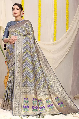 Grey banarasi silk blend saree with bandhani patola print and zari border