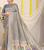 Grey banarasi silk blend saree with bandhani patola print and zari border