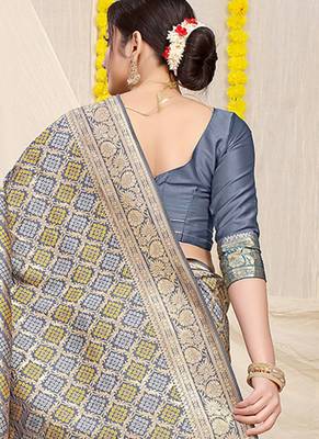 Grey banarasi silk blend saree with bandhani patola print and zari border 2