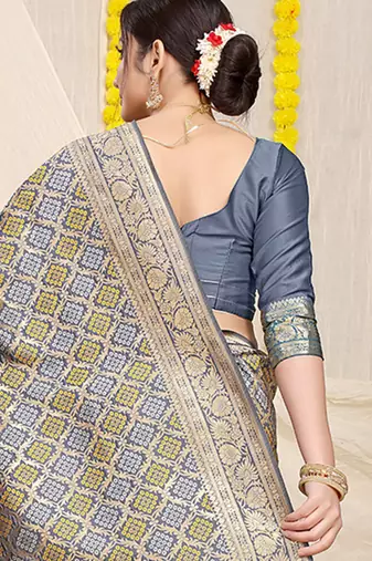 Grey banarasi silk blend saree with bandhani patola print and zari border