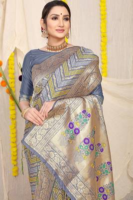 Grey banarasi silk blend saree with bandhani patola print and zari border 3