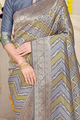 Grey banarasi silk blend saree with bandhani patola print and zari border 4