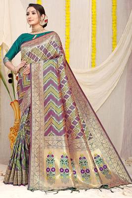 Teal green & wine purple banarasi silk blend saree with bandhani patola print 1