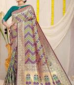 Teal green & wine purple banarasi silk blend saree with bandhani patola print