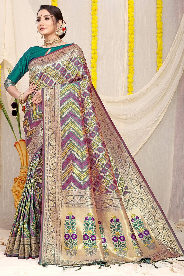 Teal green & wine purple banarasi silk blend saree with bandhani patola print