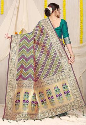 Teal green & wine purple banarasi silk blend saree with bandhani patola print 2