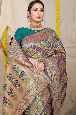 Teal green & wine purple banarasi silk blend saree with bandhani patola print 3