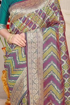 Teal green & wine purple banarasi silk blend saree with bandhani patola print 4