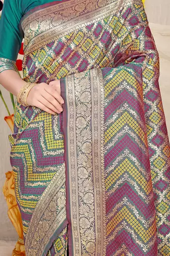Teal green & wine purple banarasi silk blend saree with bandhani patola print