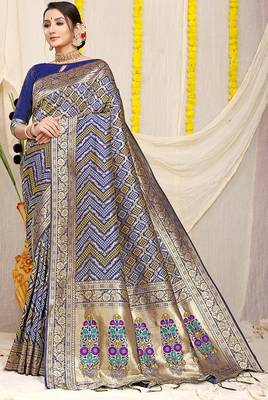 Navy blue banarasi silk blend saree with bandhani patola print and zari border 1
