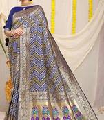 Navy blue banarasi silk blend saree with bandhani patola print and zari border