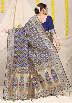 Navy blue banarasi silk blend saree with bandhani patola print and zari border 2