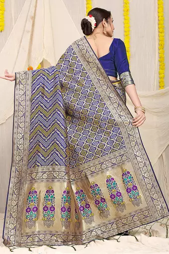 Navy blue banarasi silk blend saree with bandhani patola print and zari border