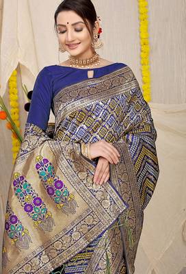 Navy blue banarasi silk blend saree with bandhani patola print and zari border 3