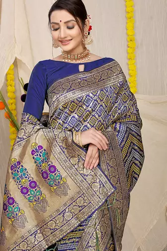 Navy blue banarasi silk blend saree with bandhani patola print and zari border