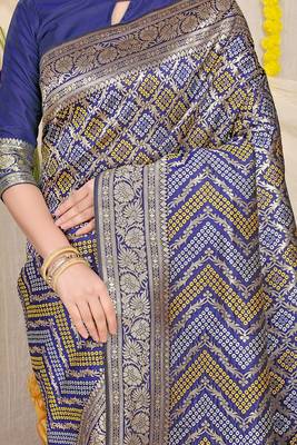 Navy blue banarasi silk blend saree with bandhani patola print and zari border 4