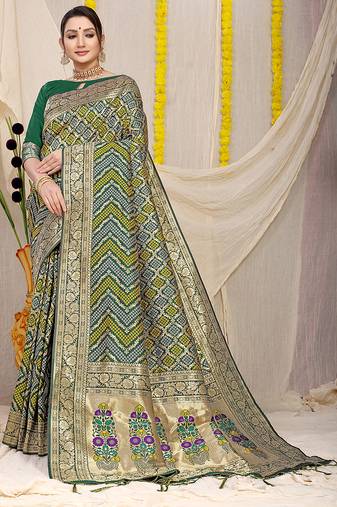 Dark green banarasi silk blend saree with bandhani patola print and zari border