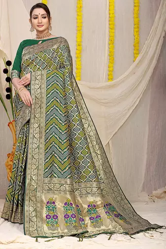 Dark green banarasi silk blend saree with bandhani patola print and zari border