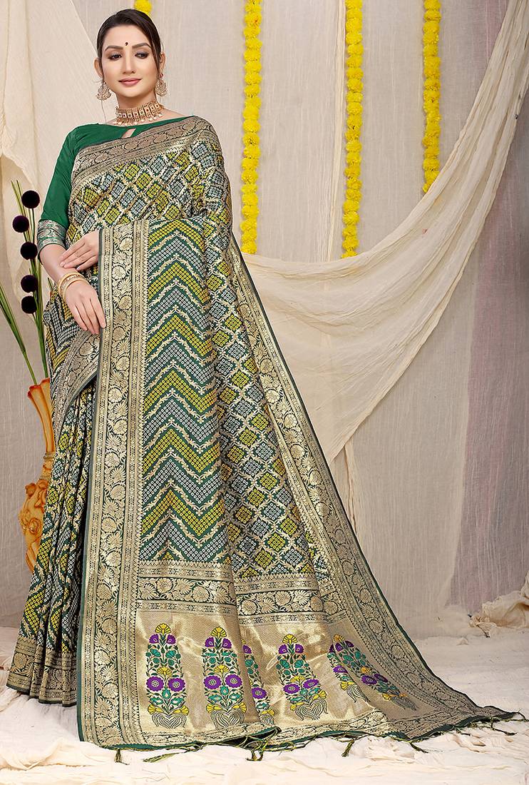 Dark green banarasi silk blend saree with bandhani patola print and zari border