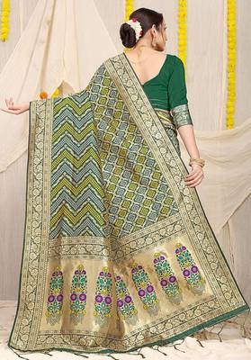 Dark green banarasi silk blend saree with bandhani patola print and zari border 2