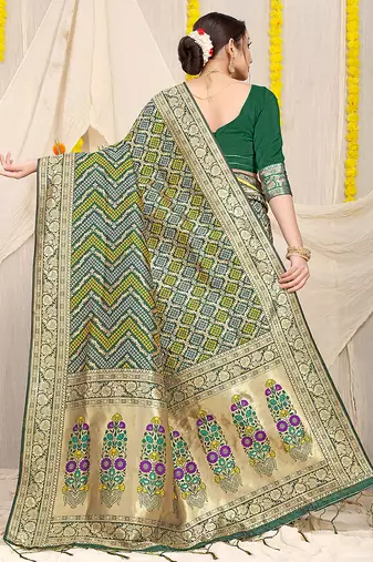 Dark green banarasi silk blend saree with bandhani patola print and zari border