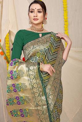 Dark green banarasi silk blend saree with bandhani patola print and zari border 3