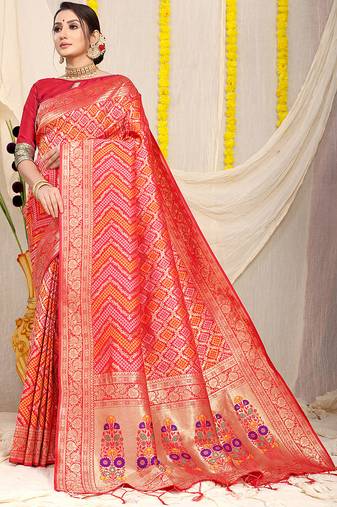 Red banarasi silk blend saree with bandhani patola print and zari border