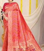 Red banarasi silk blend saree with bandhani patola print and zari border